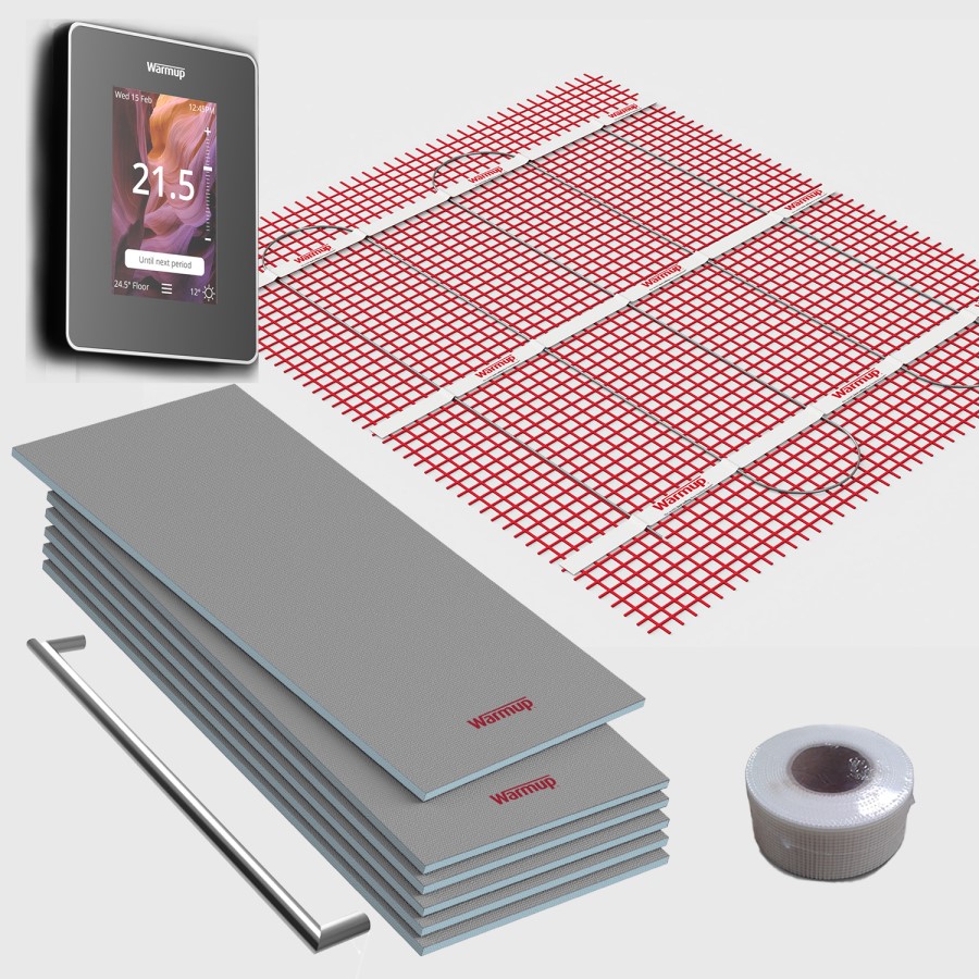 3sqm Electric Underfloor Heating Kit with 6iE WiFi Onyx Black Thermostat & Heated Towel Bar - Warmup Sticky Mat