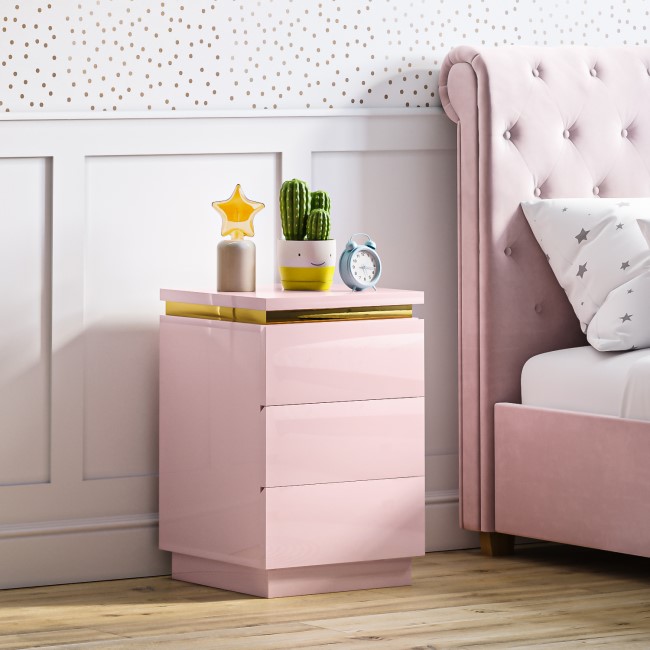 Kids Pink High Gloss 3 Drawer Bedside Table with Metallic Trim - Isabella