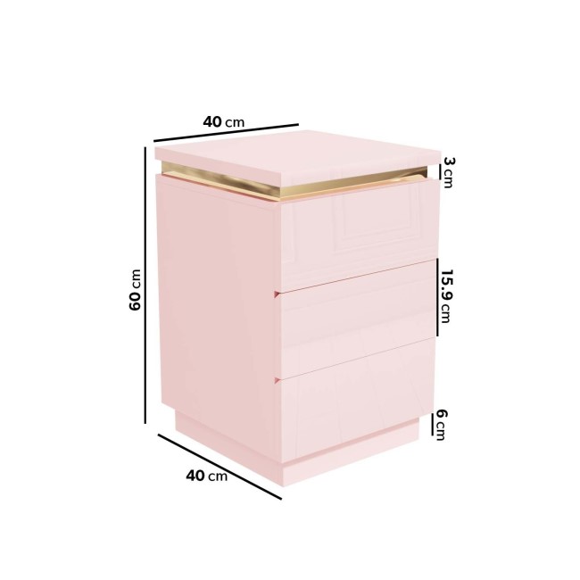 Kids Pink High Gloss 3 Drawer Bedside Table with Metallic Trim - Isabella