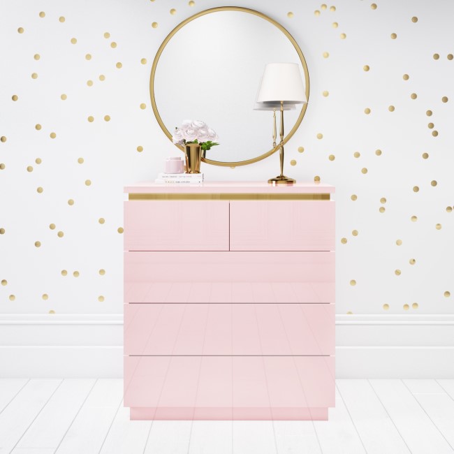 Isabella Baby Pink High Gloss 5 Drawer Chest with Gold Detailing