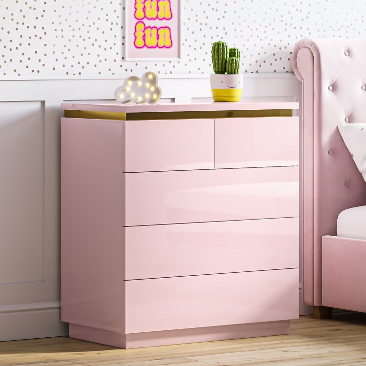 Kids Pink High Gloss Tall Chest of Drawers with Gold Detailing - Isabella