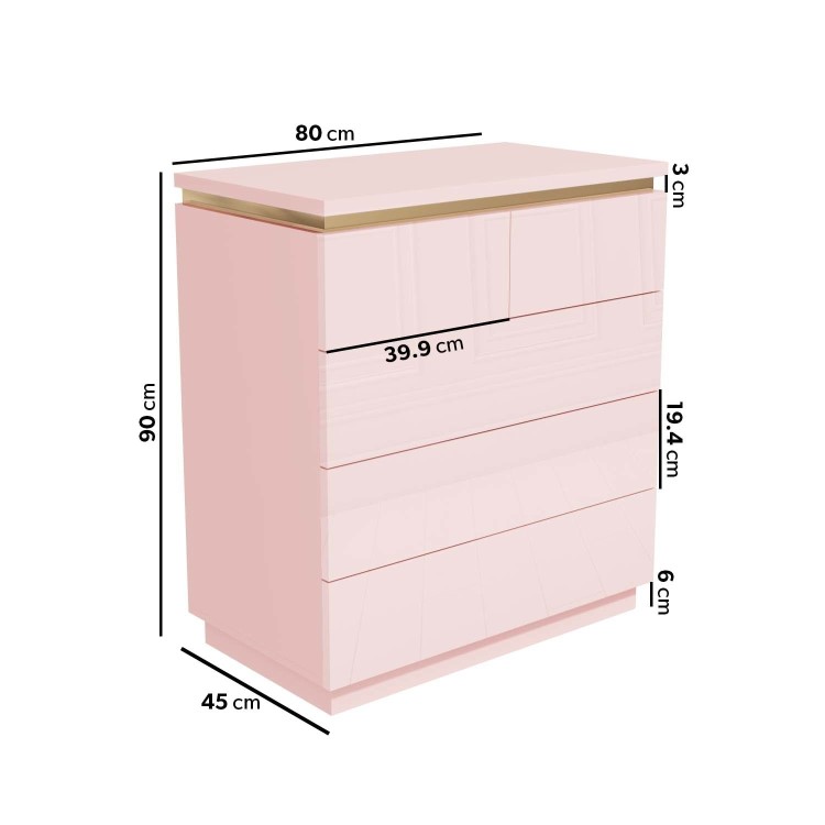 Kids Pink High Gloss Tall Chest of Drawers with Gold Detailing - Isabella