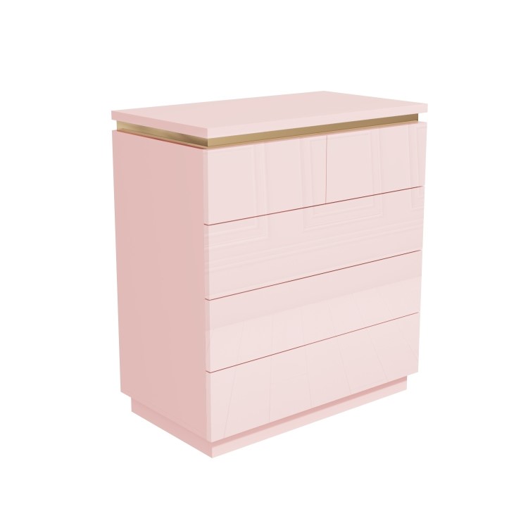 Kids Pink High Gloss Tall Chest of Drawers with Gold Detailing - Isabella