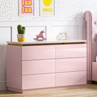 Kids Pink High Gloss Chest of 6 Drawers with Gold Detailing - Isabella 