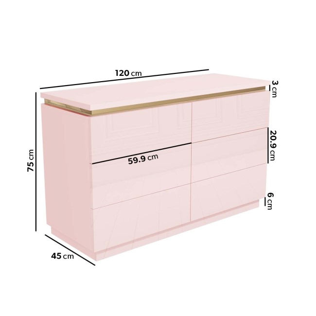 Kids Pink High Gloss Chest of 6 Drawers with Gold Detailing - Isabella 