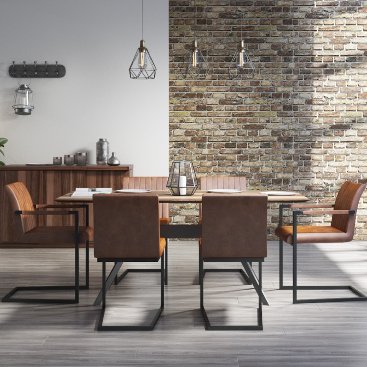 Industrial Dining Set with 6 Tan Faux Leather Dining Chairs