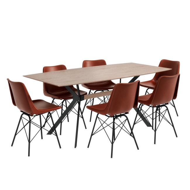 Industrial Dining Set with 6 Tan Leather Chairs & Wooden Table - Jaxon & Isaac