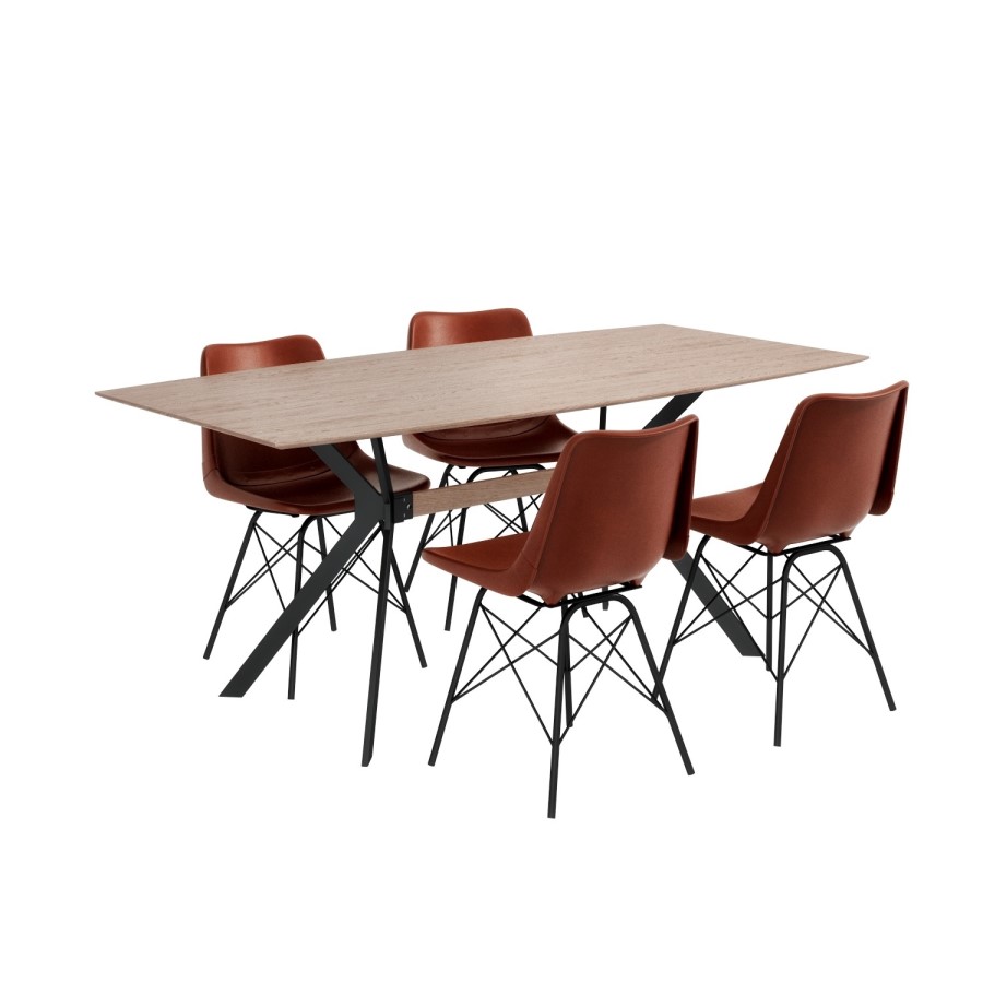 Industrial Dining Set with 4 Tan Leather Chairs & Wooden Table - Jaxon & Isaac