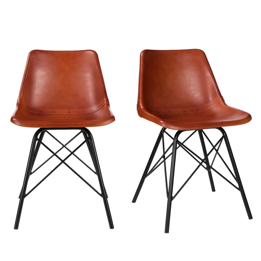 Industrial Dining Set with 4 Tan Leather Chairs & Wooden Table - Jaxon & Isaac