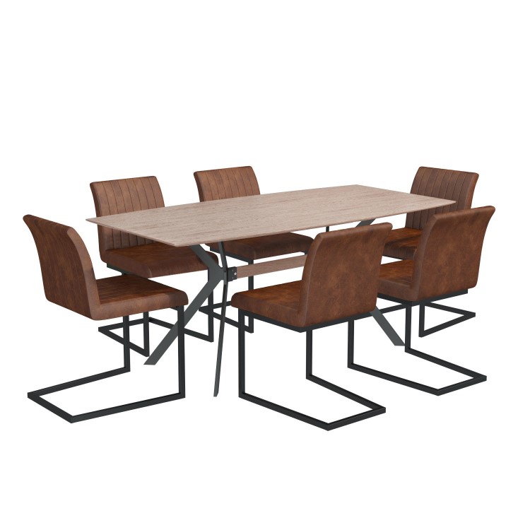 Industrial Dining Set with 6 Tan Faux Leather Chairs - Isaac