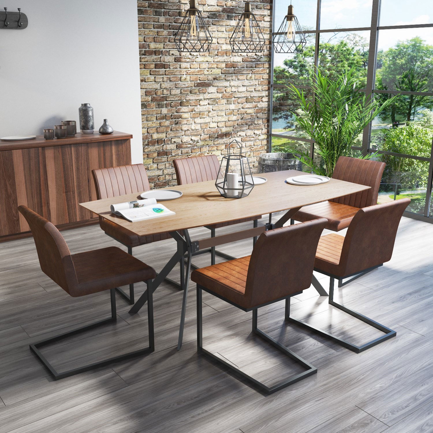 Industrial Dining Set With 6 Tan Faux Leather Chairs Isaac Furniture123