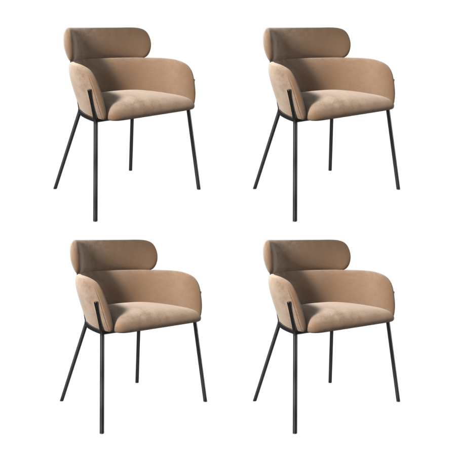 Set of 4 Beige Velvet Curved Dining Chairs - Isla