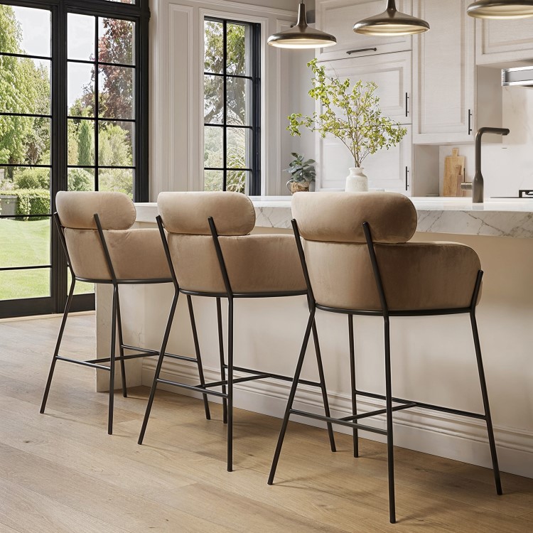 Set of 3 Beige Velvet Curved Kitchen Stools - Isla