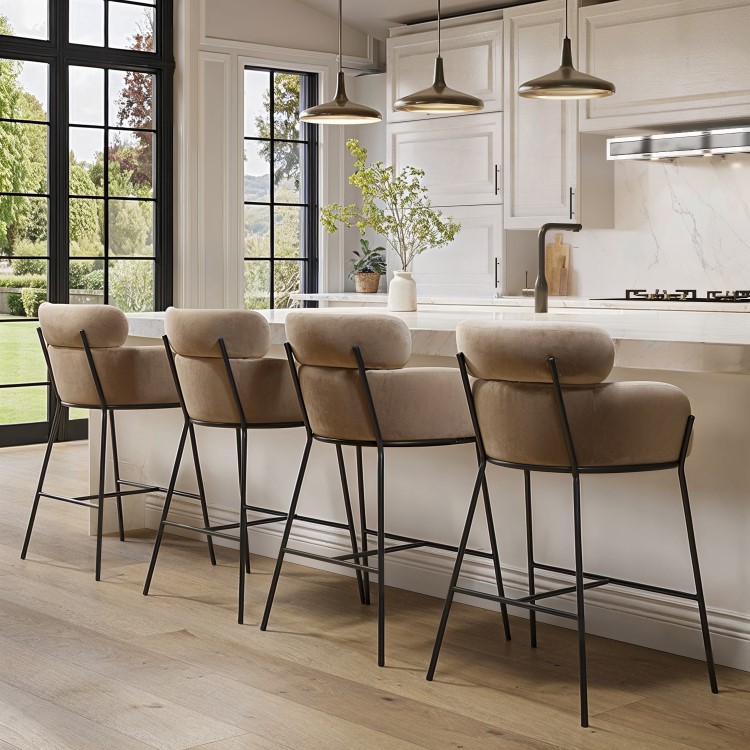 Set of 4 Beige Velvet Curved Kitchen Stools with Back - Isla