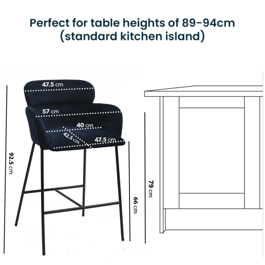Set of 2 Navy Velvet Curved Kitchen Stools - Isla