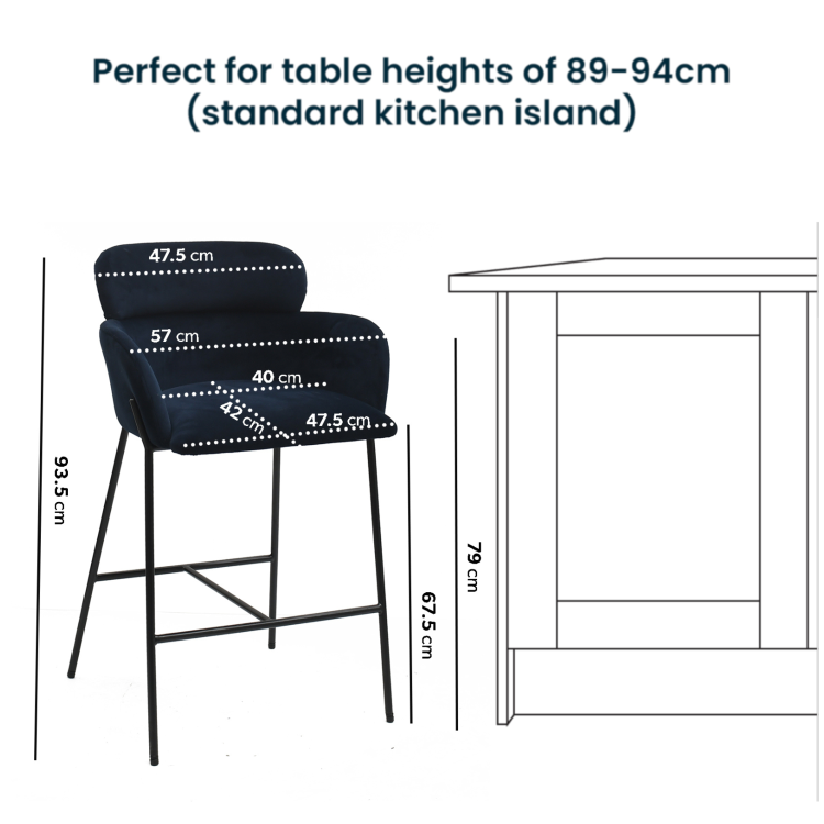 Set of 2 Navy Velvet Curved Kitchen Stools - Isla