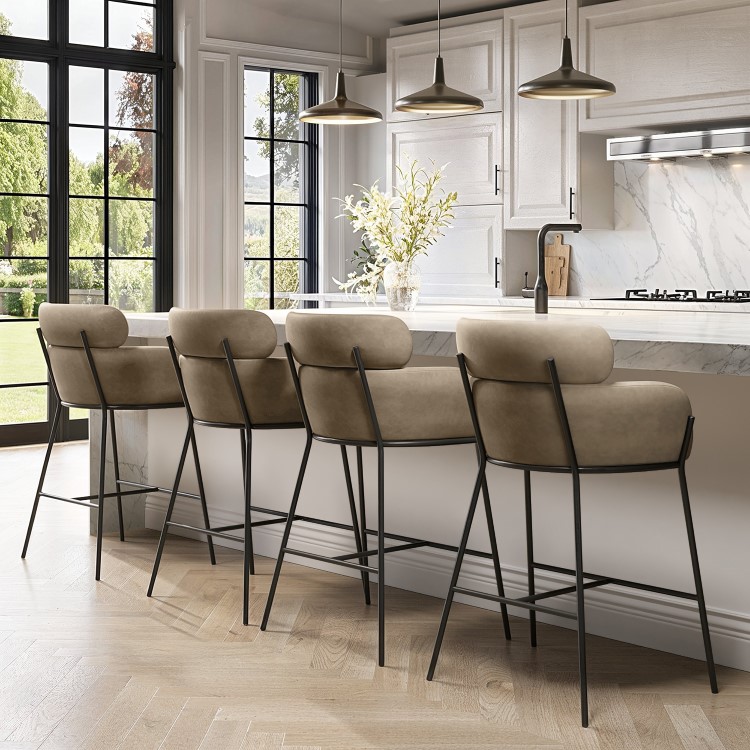 Set of 4 Beige Faux Leather Curved Kitchen Stools with Back - Isla