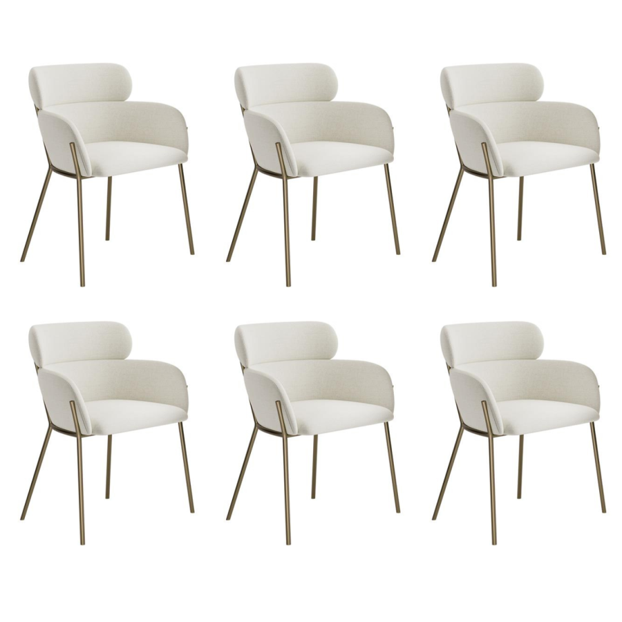 Set of 6 Cream Upholstered Curved Dining Chairs with Brass Legs - Isla