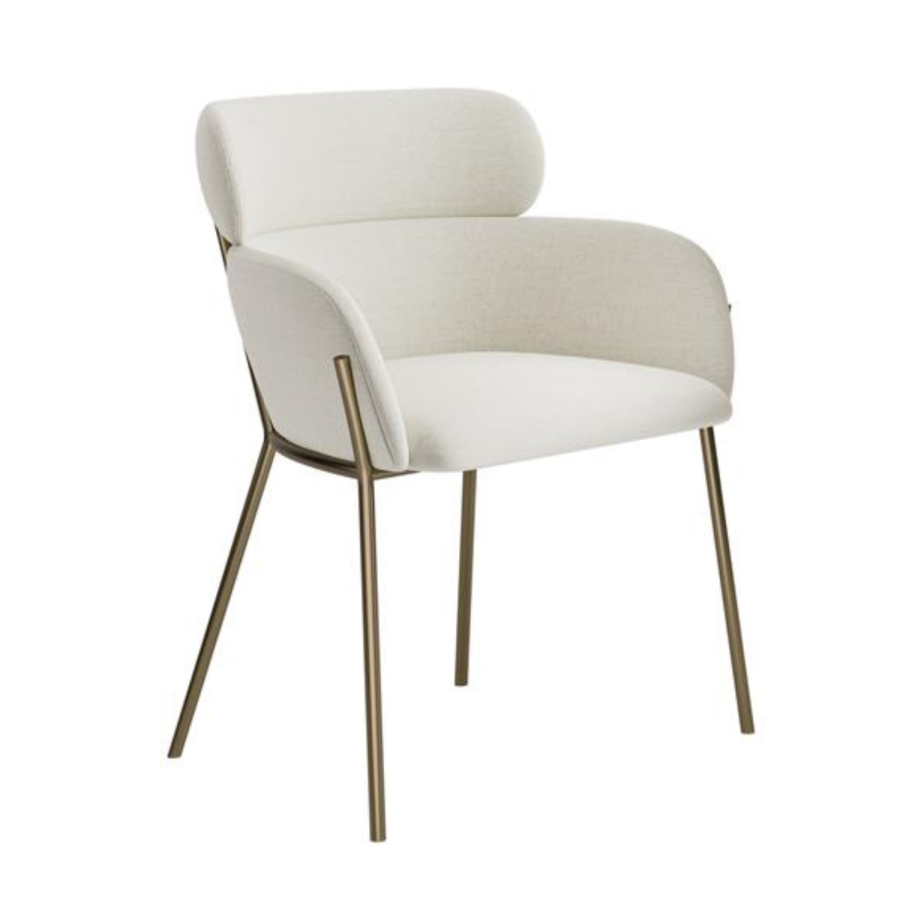 Set of 6 Cream Upholstered Curved Dining Chairs with Brass Legs - Isla