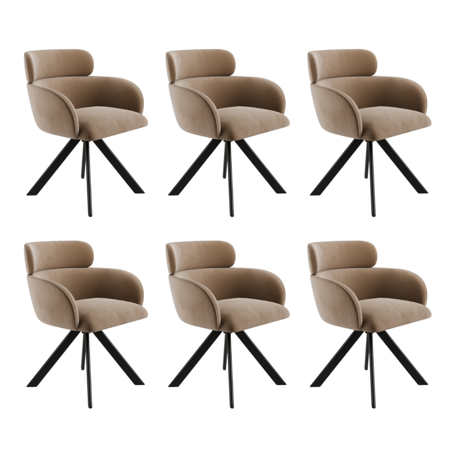 Set 6 Velvet Curved Swivel Dining Chairs