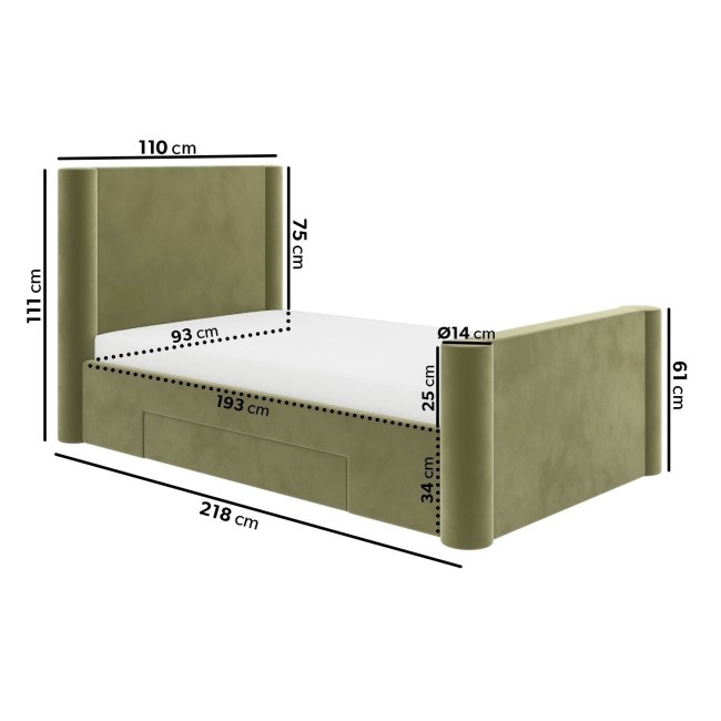 Green Velvet Single Bed Frame with Storage Drawer - Isadora