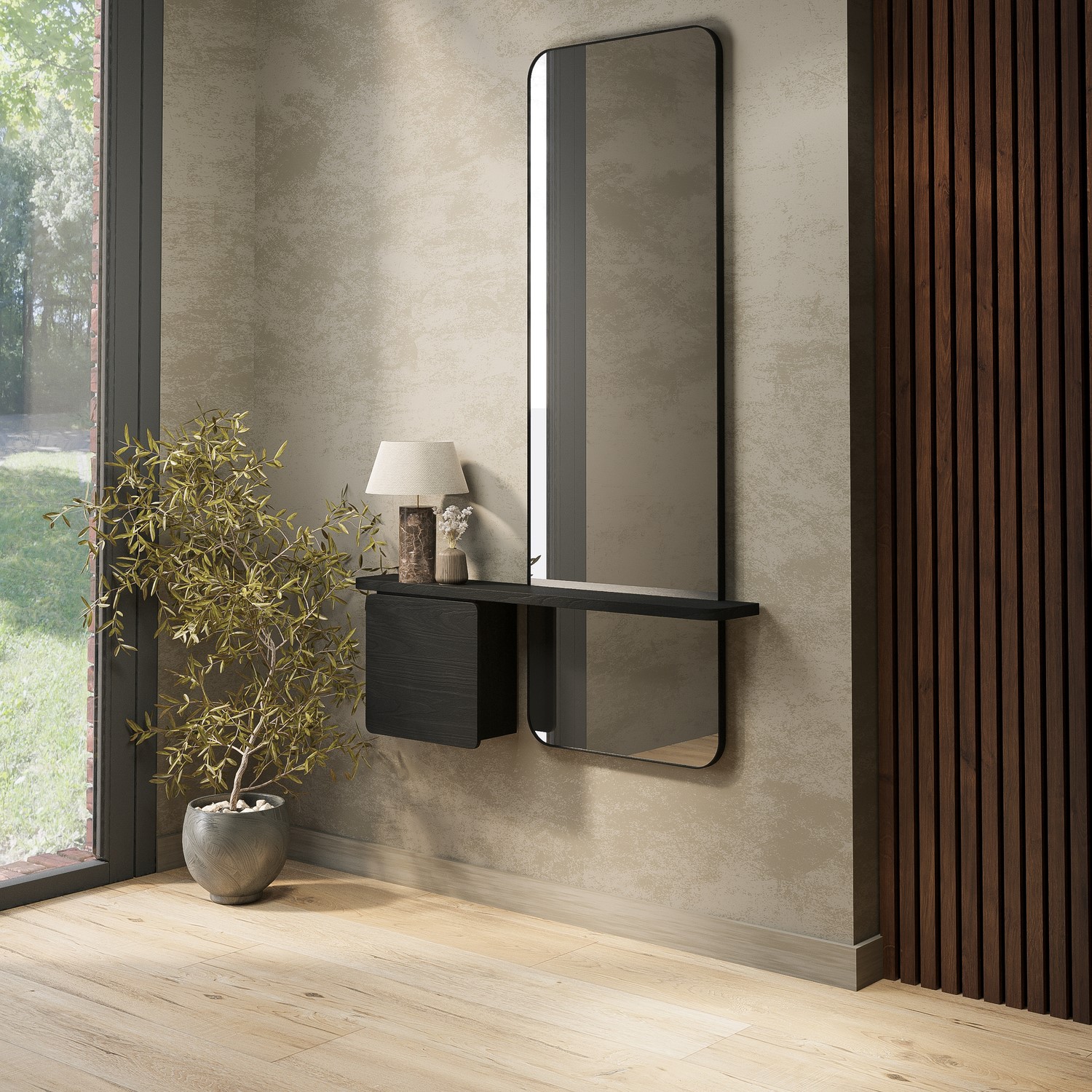 Slim & Narrow Oak Floating Console Table Mirror & Storage