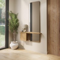 Slim & Narrow Oak Floating Console Table with Mirror & Storage - Izzi