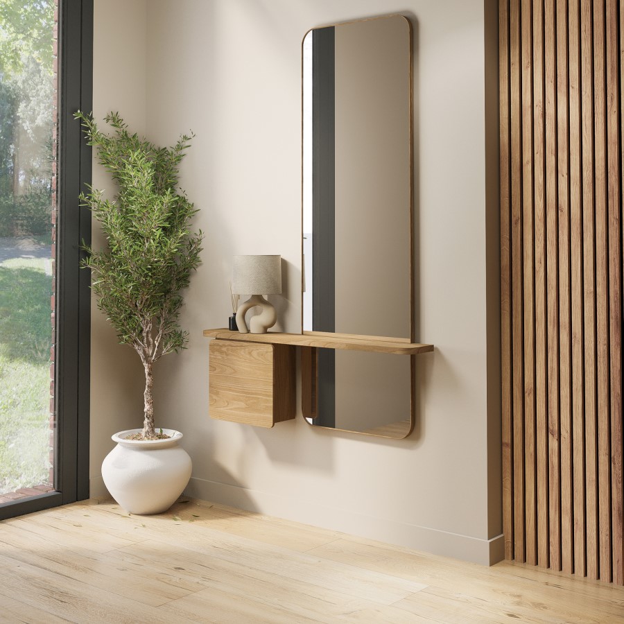 Slim & Narrow Oak Floating Console Table with Mirror & Storage - Izzi