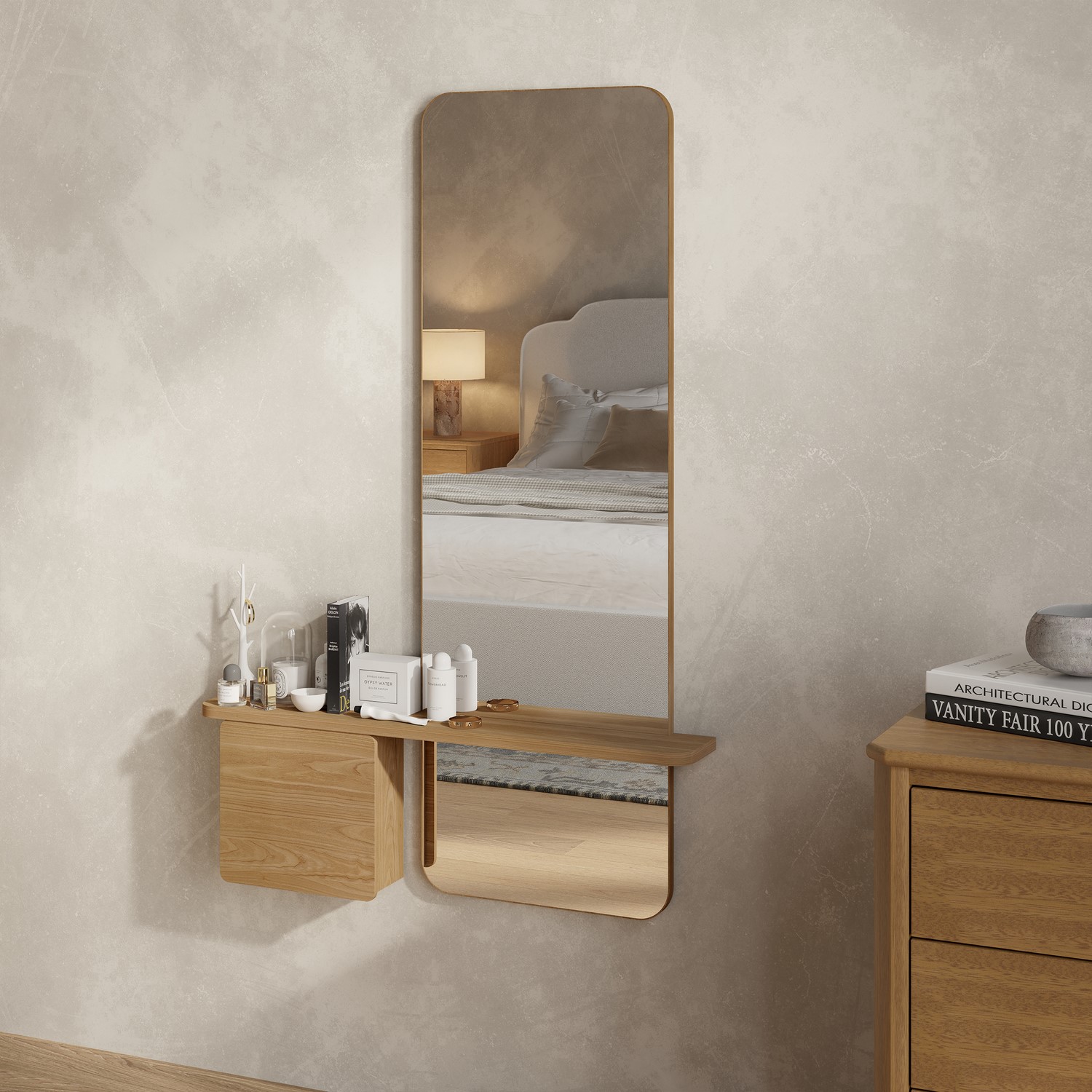 Floating Simple Console Table Slim & Narrow Oak Floating Console Table with Mirror & Storage - Izzi ...
