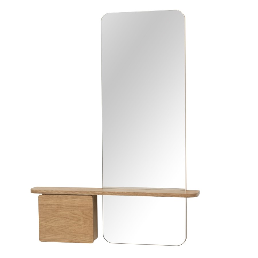 Slim & Narrow Oak Floating Console Table with Mirror & Storage - Izzi