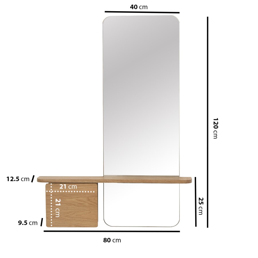 Slim & Narrow Oak Floating Console Table with Mirror & Storage - Izzi
