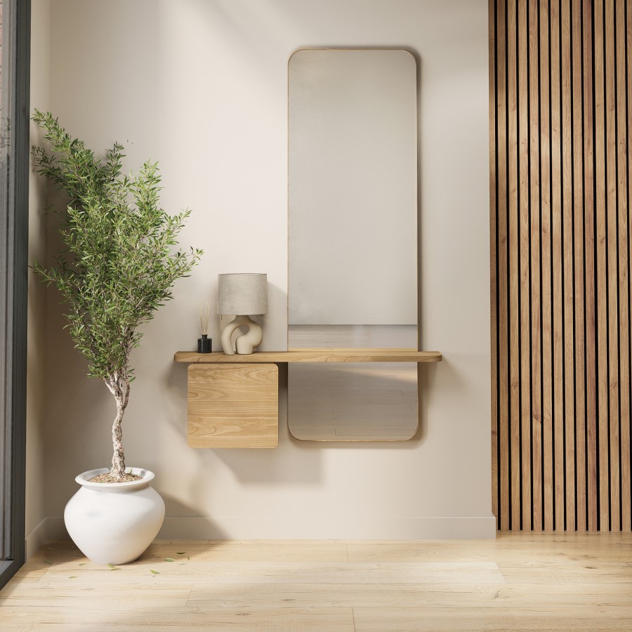 Slim & Narrow Oak Floating Console Table with Mirror & Storage - Izzi