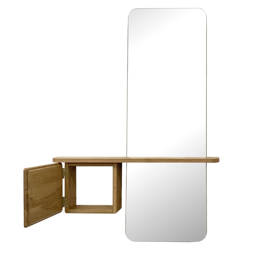 Slim & Narrow Oak Floating Console Table with Mirror & Storage - Izzi