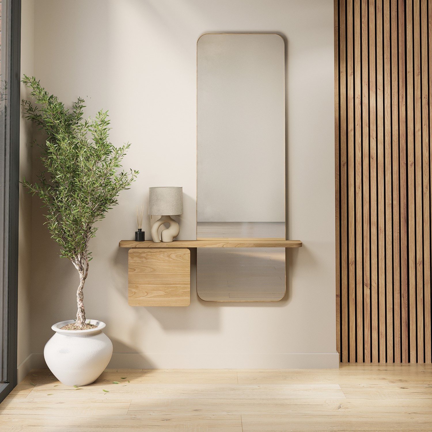 Custom Inbuilt Floating Console Table Slim & Narrow Oak Floating Console Table with Mirror & Storage - Izzi ...