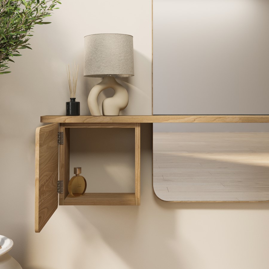 Slim & Narrow Oak Floating Console Table with Mirror & Storage - Izzi