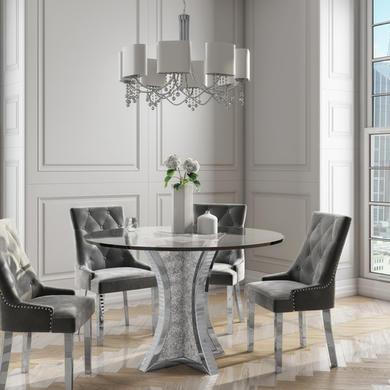 Jade Boutique Round Mirrored Dining Table With 4 Chairs In Grey Velvet