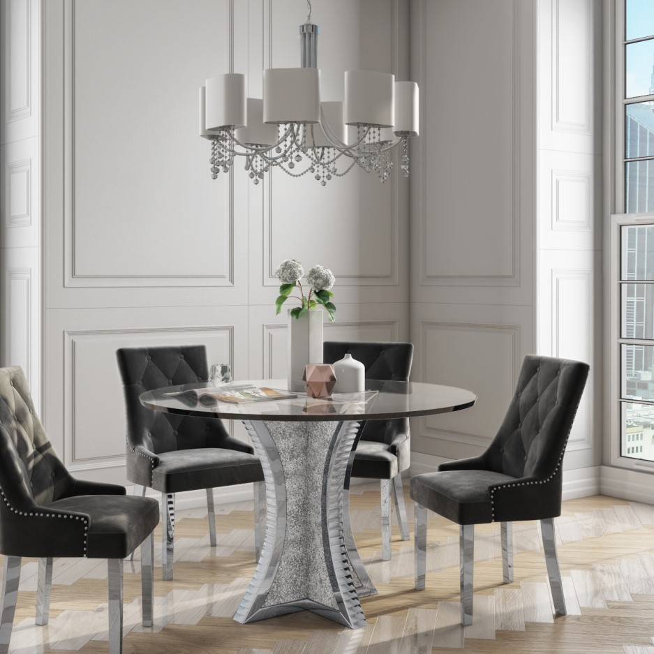 Jade Boutique Round Mirrored Dining Table with 4 Chairs in ...