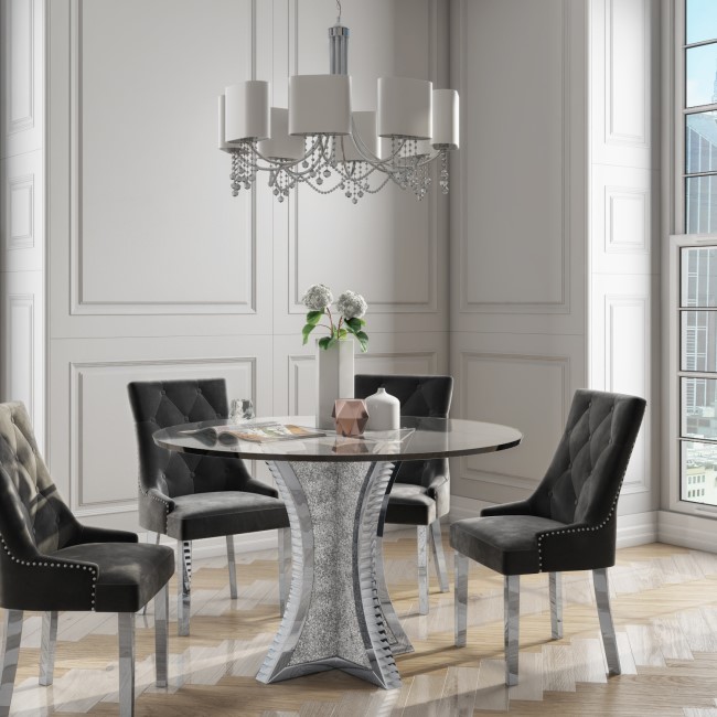 Jade Boutique Round Mirrored Dining Table with 4 Chairs in Charcoal Velvet