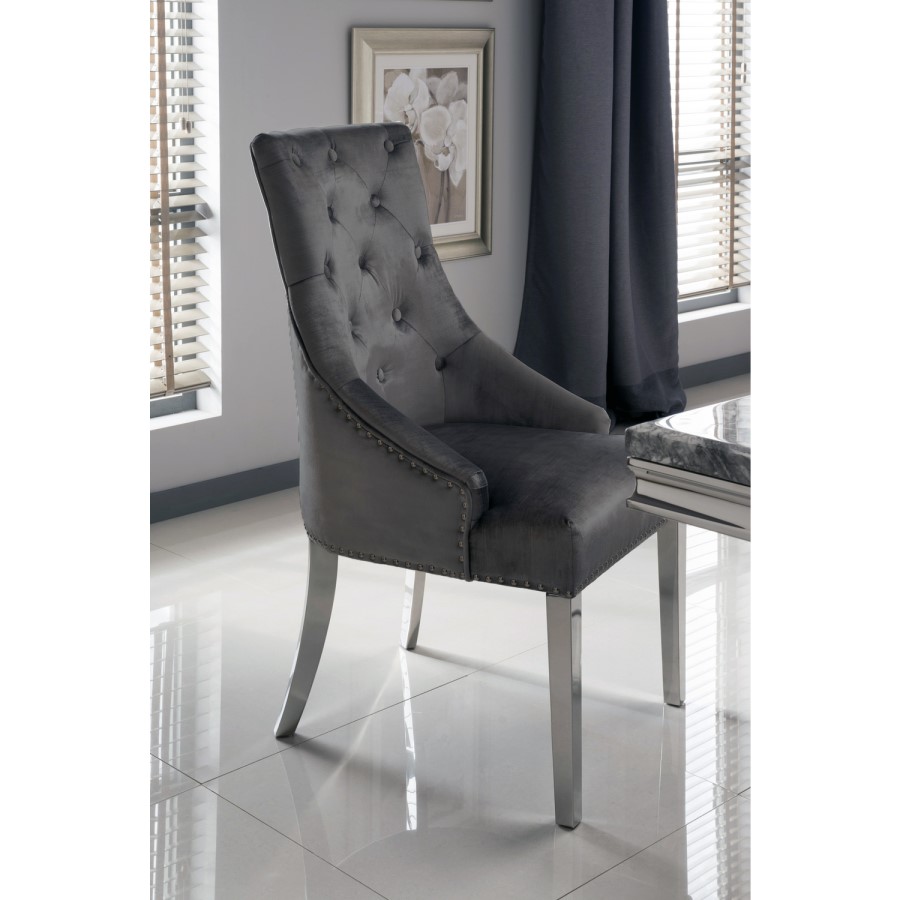 Jade Boutique Round Mirrored Dining Table with 4 Chairs in Charcoal Velvet
