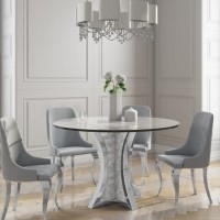 Round Mirrored Dining Table & 4 Chairs in Grey Velvet - Jade Boutique