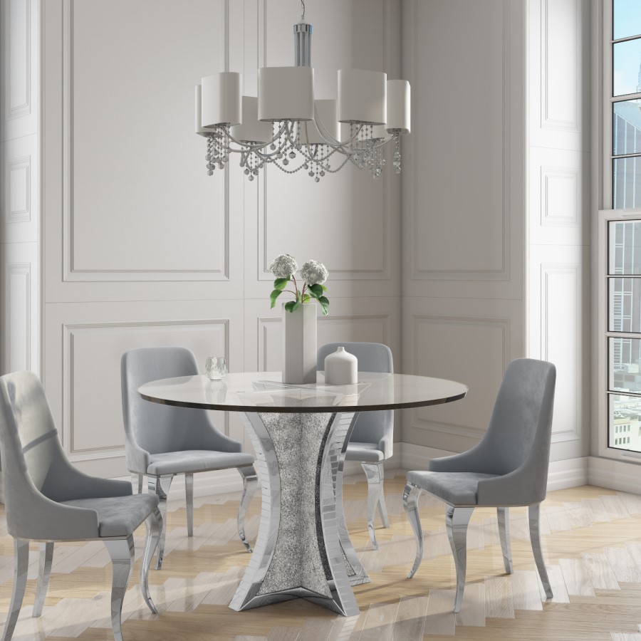 Round Mirrored Dining Table & 4 Chairs in Grey Velvet - Jade Boutique