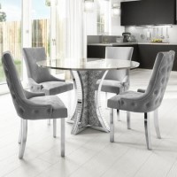 Round Mirrored Glass Top Dining Table with 4 Dining Chairs in Grey Velvet Round Mirrored Glass Top Dining Table with 4 Dining Chairs in Grey Velvet