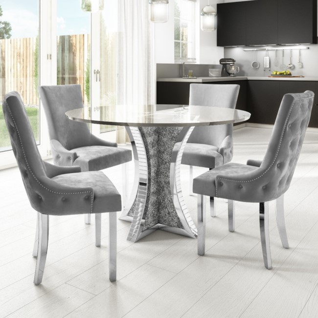 Round Mirrored Glass Top Dining Table with 4 Dining Chairs in Grey Velvet