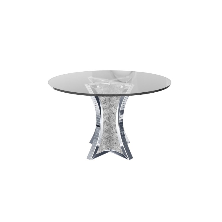 Round Mirrored Glass Top Dining Table with 4 Dining Chairs in Grey Velvet