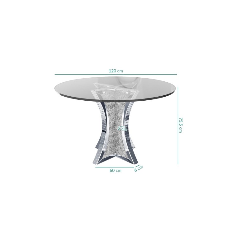 Round Mirrored Glass Top Dining Table with 4 Dining Chairs in Grey Velvet