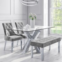 Mirrored Dining Table with 2 Grey Velvet Knocker Back Chairs & Matching Bench - Jade Boutique Mirrored Dining Table with 2 Grey Velvet Knocker Back Chairs & Matching Bench - Jade Boutique