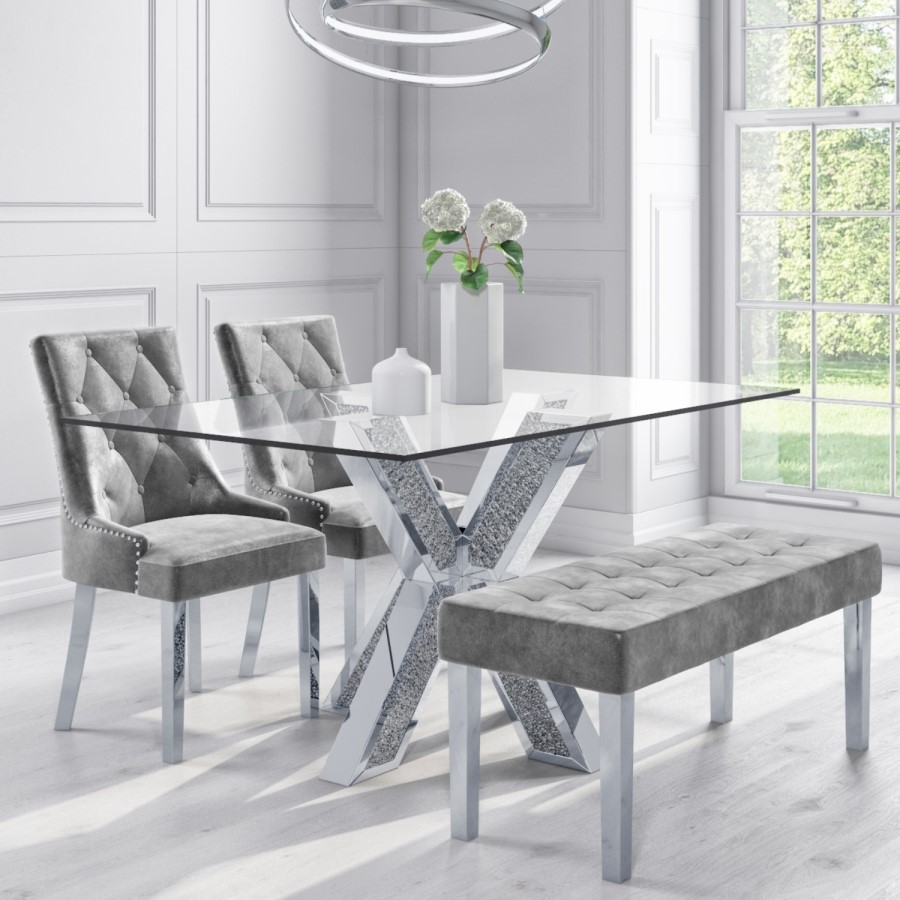 Mirrored Dining Table with 2 Grey Velvet Knocker Back Chairs & Matching Bench - Jade Boutique