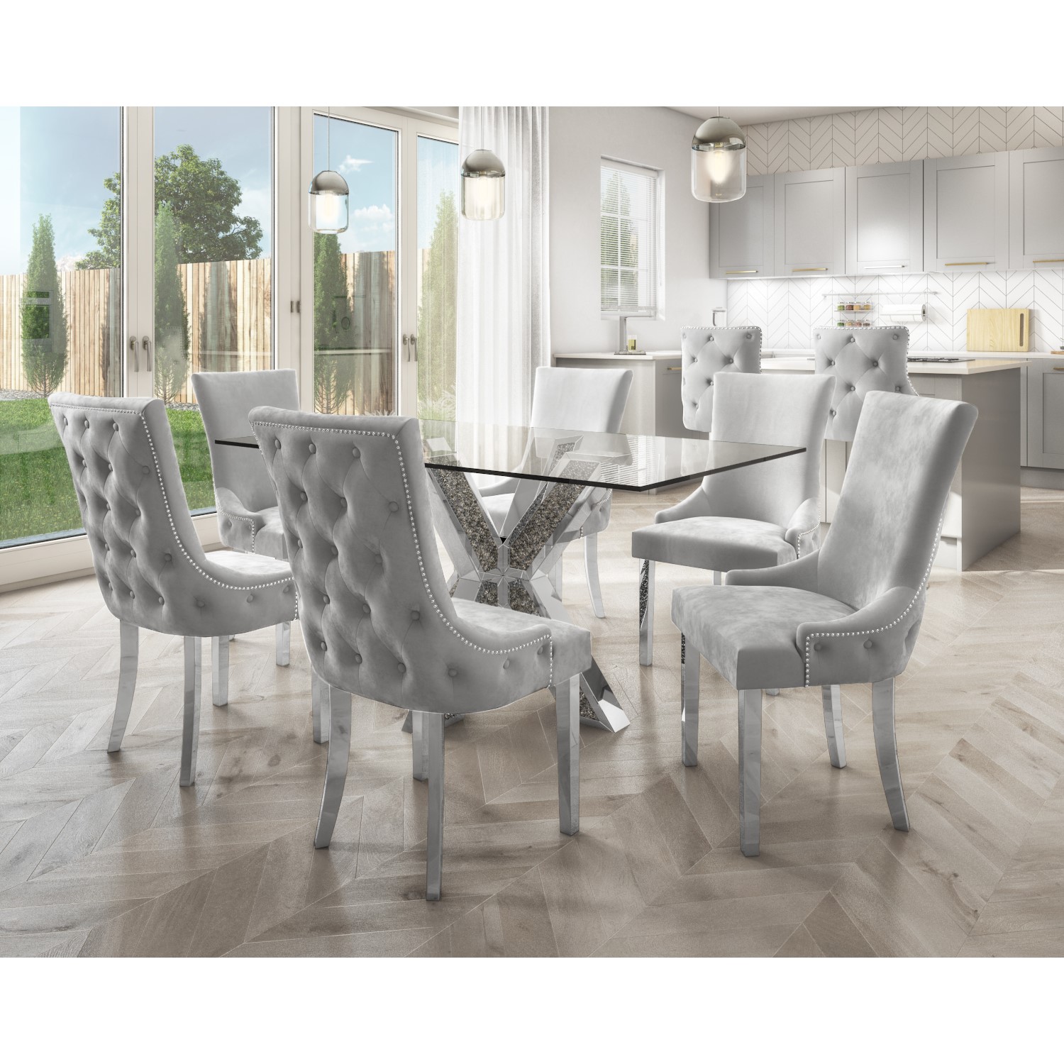 glass top rectangle mirrored and glitter dining table with 6 velvet grey dining chairs