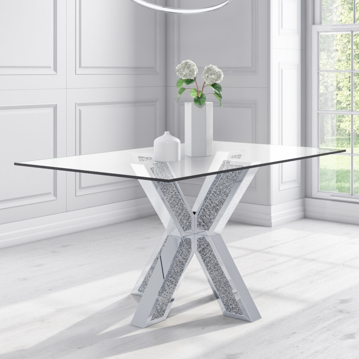 Glass Top Rectangle Mirrored and Glitter Dining Table  Seats 6  Jade Boutique