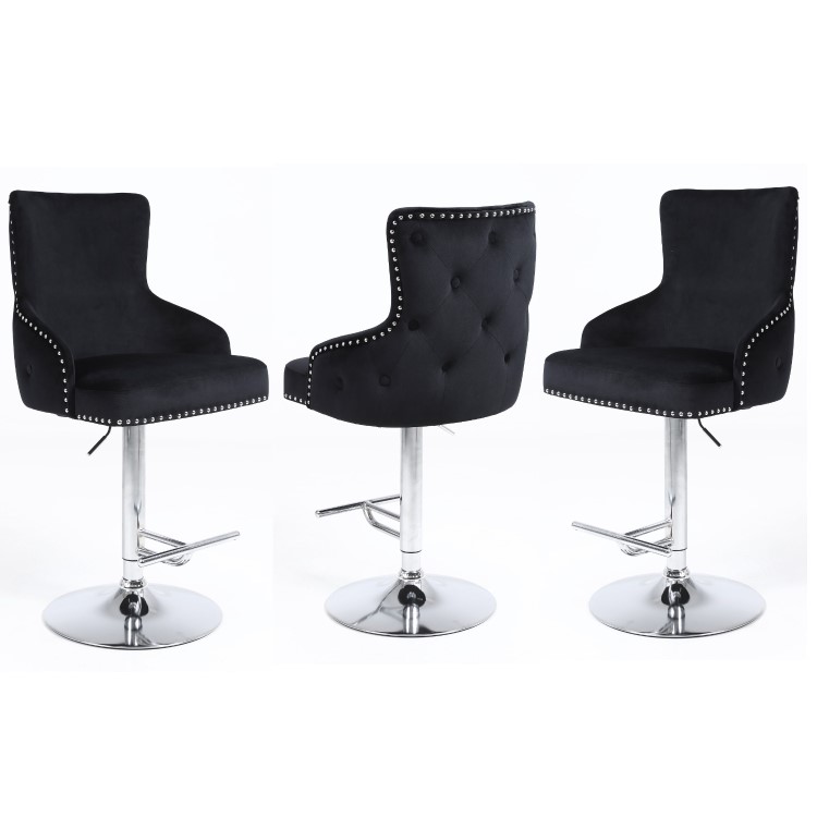 Set of 3 Black Velvet Swivel Bar Stools - Height Adjustable - Jade Boutique